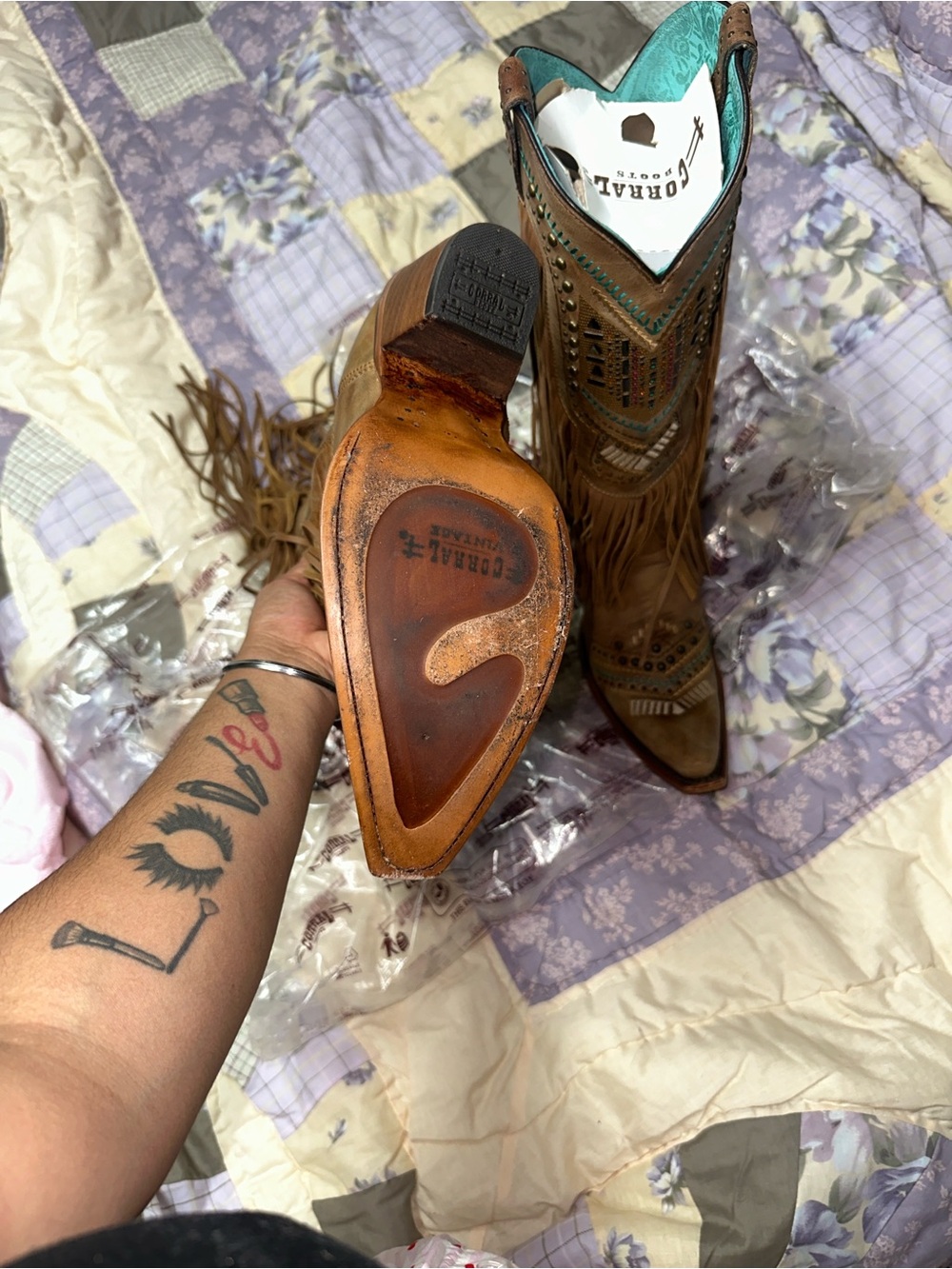 Corral Brown Leather Fringe Cowboy Boots with Turquoise Accents - Picture 3 of 10